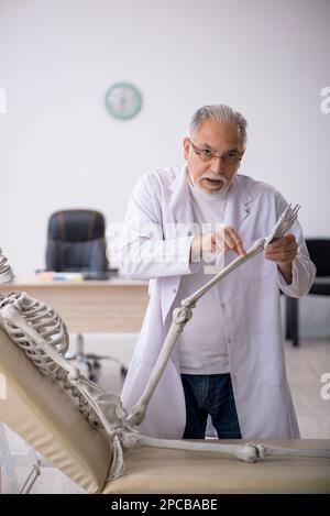 Vecchio medico con scheletro in ospedale Foto Stock