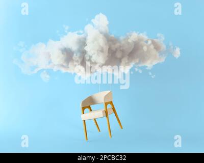 Una sedia bianca con nuvola bianca che galleggia su uno sfondo blu cielo pastello. Idea minima del concetto del partito. illustrazione di rendering 3d. Foto Stock