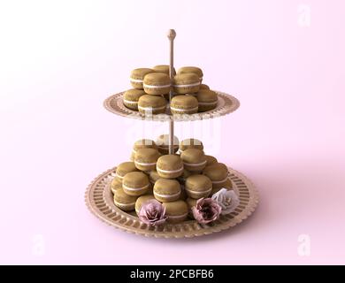 Vassoio in metallo su più livelli con deliziosi macaron al caramello e fiori di rosa. Un mazzo di amaretti francesi sul banco dessert. Isolato su un rosa pastello Foto Stock