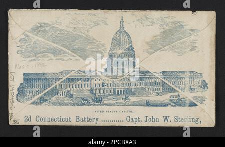 Busta della Guerra civile che mostra (sul retro) gli Stati Uniti Edificio del Campidoglio con messaggio '2D Connecticut Battery -- Capitano John W. Sterling'. Liljenquist Famiglia Collezione di fotografie della Guerra civile , pp/liljmem. Campidoglio degli Stati Uniti (Washington, D.C.), 1860-1870, Stati Uniti, Esercito, Connecticut Light Artillery Battery, 2nd (1862-1865) , Couples, 1860-1870, Farewells, 1860-1870, Stati Uniti, Storia, Guerra civile, 1861-1865, Aspetti sociali. Foto Stock