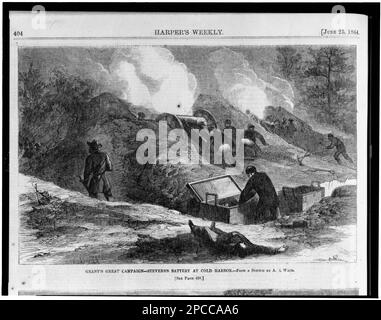 Grant's grande campagna--la batteria di Stevens a Cold Harbor / da uno schizzo di A.R. Waud.. Illus. In: Settimanale Harper, 1864 giugno 25, pag. 404. Artiglieria (armi), Union, Virginia, Cold Harbor, 1860-1870, Stati Uniti, Storia, Guerra civile, 1861-1865, Campagne e battaglie. Foto Stock