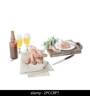 Carne alla griglia birre coltello legno tagliere tavola 3D rendering Foto Stock