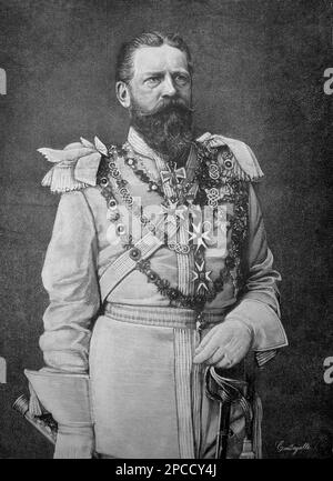 1888, GERMANIA: Il Kaiser FEDERICO III (1831 - 1888) HOHENZOLLERN, padre del Kaiser Guglielmo II (Guglielmo II), re di Prussen, imperatore di Germania (1859 - 1941), nipote della regina Vittoria d'Inghilterra. Incisione da ILLUSTRAZIONE ITALIANA 1888. Federico Guglielmo (come era noto prima di assumere il trono) nacque a Potsdam, figlio del Principe Guglielmo di Prussia e della Principessa Augusta di Saxe-Weimar. Suo padre era fratello minore del re Federico Guglielmo IV di Prussia . Nel 1858 Federico Guglielmo sposò la principessa Victoria (' Vicky') di Gran Bretagna e Irlanda, la più grande Foto Stock