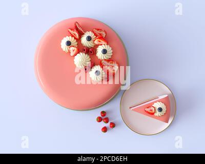 Mousse torta con specchio rosa glassa, fragole mature e frutti di bosco. Fetta di torta su un piatto, piccolo vaso con fragole isolato su blu pastello Foto Stock
