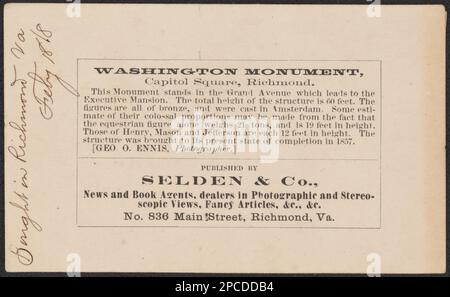 Washington Monument, Capitol Square, Richmond con la guglia di St Chiesa di Paolo sulla sinistra / Geo. O. Ennis, fotografo ; pubblicato da Selden & Co., No. 836 Main Street, Richmond, Virginia. Liljenquist Famiglia Collezione di fotografie della Guerra civile , pp/liljpaper. Washington, George, 1732-1799, statue, St Paul's Episcopal Church (Richmond, Virginia), 1860-1870, Steeples, Virginia, Richmond, 1860-1870, statue equestri, Virginia, Richmond, 1860-1870. Foto Stock