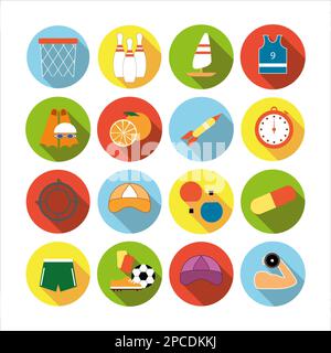 Collezione di icone con diversi sport e mangiare sano in design piatto con ombre Foto Stock