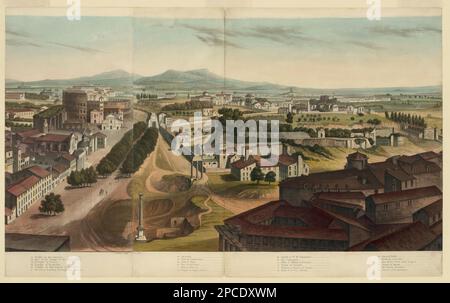 1860 ca. , ROMA , ITALIA : Vista di Roma, compresi San Giovanni in Laterano , Tempio del Sole e della Luna , Tempio della Pace , Tempio di Romolo , Tempio di Antonino e Faustina , COLOSSEO , Via Sacra nel Foro , vecchie Mura , arco di Costantino , Arco di Tito , colonna del Phocus , Tempio di Giove , Chiesa di Santa Maria Liberatrice , colline di Albano e Frascati , Tempio della Concordia , Palatino e Palazzo dei Cesari , Tomba di Cecilia Metella , Terme di Caracalla , Tomba di Scipione, Tempio di Remo , CIRCO MASSIMO , Chiesa di Santa Anastasia Foto Stock