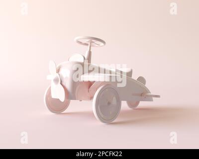 Auto giocattolo vintage per bambini in colore pastello monocromatico. Auto beige retro isolata su sfondo chiaro. Cartoon elegante macchina meccanica. Foto Stock