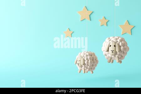 Cute puffed-up pecora tessile a forma di nuvola. Stelle di legno sulla parete blu, una buona notte banner per bambini con piano di posa e spazio copia Foto Stock