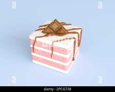 Un pezzo di torta in uno stile carino cartone animato. Una fetta di torta con biscotti rosa fragola, crema di cioccolato bianco, strisce di glassa al cioccolato Foto Stock