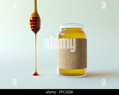 Vaso in vetro aperto trasparente con miele floreale, in un involucro di tessuto in tela naturale. Un bastone di miele di legno con una goccia di miele gocciolante Foto Stock