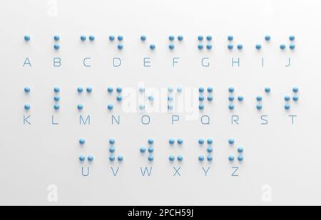 Braille Alphabet Guide A-Z sistema di scrittura visiva. Lingua Braille. Lettura cieca. Lettere formate da palline blu isolate su sfondo bianco. Foto Stock