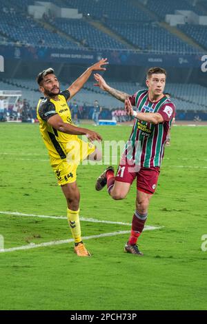 Kolkata, India. 13th Mar, 2023. L'ATKMB batte l'Hyderabad FC in una punizione di sparo-out (4-3 risultato) in Hero Indian Super League 2022-23 (2nd tappa semifinale) al VYBK Stadium, Kolkata il 13th marzo 2023. Sia l'ATK Mohun Bagan che l'Hyderabad FC non riescono a trovare l'obiettivo desiderato nel tempo di regolazione. L'ATKMB incontrerà il Bengaluru FC nella finale ISL (Indian Super League) di quest'anno al Fatorda Stadium, Goa, il 18th marzo 2023. (Foto di Amlan Biswas/Pacific Press) Credit: Pacific Press Media Production Corp./Alamy Live News Foto Stock