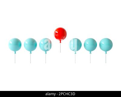 Distinguiti dalla folla e dai diversi concetti creativi. Concetto di leadership. Un palloncino rosso che vola via da altri palloncini blu isolati su bianco Foto Stock
