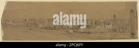 Richmond. Titolo inscritto sotto l'immagine, inscritto nell'immagine come identificatori: Belle Isle [senza prigione]; Peterbugh[sic]& Richmond RR.; Labratory[sic]; Holywood Cemetery; Tredegar Iron Works; Terreno interrotto; Tredegar; Tredegar; Artilleria; Ordinanc[e] Storehouse; Tredegar Foundry; Artil[l]ery Workshop; Arsenal, scritto in verso: Fall of Richmond scena dopo il fuoco, pubblicato in: Harper's Weekly, 22 aprile, 1865, pag. 253, come: The City of Richmond, Virginia, Looking Westward, Source Unknown. Richmond and Petersburg Railroad Company, 1860-1870, Commercial Buildings, 1860-1870, Armors, 1860 Foto Stock