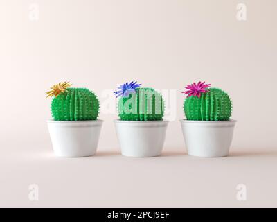 Piante succulente in pentole su sfondo chiaro, spazio per il testo. Fiori multicolori su cactus indoor, row. illustrazione di rendering 3d. Verde succulento Foto Stock