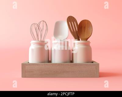 Utensili da cucina. Un set di tre contenitori da cucina in ceramica con posate. Corolla, spatola in legno, delicato sfondo rosa. Composizione della cucina Foto Stock