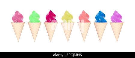 Assortimento di gelati in un cono isolato su fondo bianco. Gelato diversi gusti vista frontale. Una serie di deliziosi gelati multicolore Foto Stock