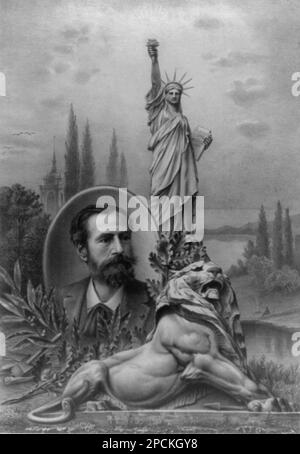 1900 ca, New York , USA : l'architetto e scultore francese FREDERIC AUGUSTE BARTHOLDI ( 1834 - 1904 ), ritratto allegorico con panorama alsaziano , Statua della libertà e Leone . Batholdi fu l'autore della Statua della libertà nel porto di New York . Frederic Auguste Bartholdi era uno scultore francese che studiava originariamente la pittura sotto Ari Scheffer. Tra le sue principali sculture figurano la "Switzerland Succoring Strabourg", a Basilea, in Svizzera, le statue a Colmar, a Clermont-Ferrand, A Belfort, a Parigi, e a Union Square a New York. Si dice che sia stato un Freemason. La faccia di t Foto Stock