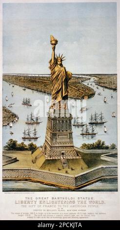 1885, New York , USA : il dono della Francia al popolo americano, la statua colossale di Bartholdi, la libertà che illumina il mondo . Litografia illustrativa di Publisher Currier & Ives . L'architetto e scultore francese FREDERIC AUGUSTE BARTHOLDI (Colmar, Alsazia 1834 - 1904 ), autore della Statua della libertà sull'isola di Bedloe, Porto di New York . - ARCHITETTO - ARCHITETTURA - SCULTORE - SCULTURA - SCULTURA - ARTE - LITOGRAFIA - incisione - illustrazione - FOTO STORICHE - STORIA - STATUA DELLA Libertà - GEOGRAFIA - GEOGRAFIA ---- Archivio GBB Foto Stock