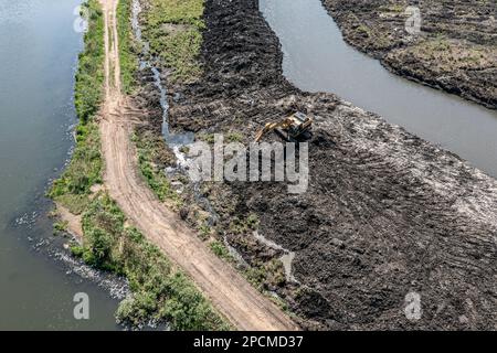 miglioramento del terreno e bonifica. escavatore che scava il tappeto erboso in zona paludosa. foto del drone. Foto Stock