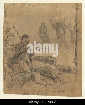 I ribelli hanno ferito arrivando come prigionieri sul campo di battaglia. Morgan collezione di disegni della Guerra civile. Soldiers, Union, 1860-1870, Stati Uniti, Storia, Guerra civile, 1861-1865, Campagne e battaglie, Stati Uniti, Storia, Guerra civile, 1861-1865, prigionieri, confederati, Stati Uniti, Storia, Guerra civile, 1861-1865, vittime, Stati Uniti Foto Stock