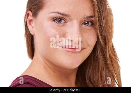 Tranquillamente sicuro. un bellissimo modello di più dimensioni isolato su bianco. Foto Stock