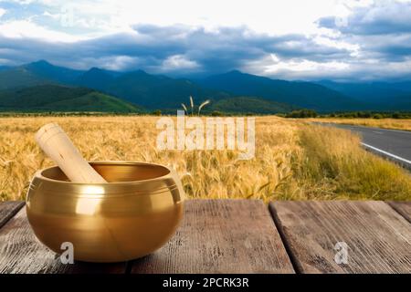 Piatto d'oro e mazzuolo su superficie di legno in campo di grano, spazio per il testo Foto Stock