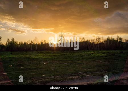 Prato verde sotto il cielo al tramonto con le nuvole Foto Stock