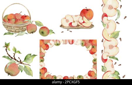 Set acquerello disegnato a mano con cornici, corone e composizioni. Frutta di mela, fiori, foglie, rami. Oggetto isolato su sfondo bianco. Design Foto Stock
