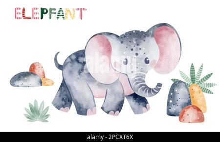 Illustrazione acquerello elefante del bambino. Illustrazione per bambini di un animale africano. Disegno del libro. Foto Stock