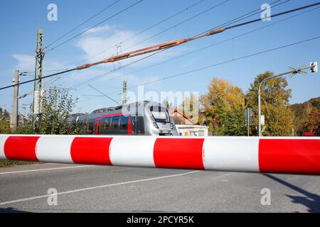 Barriera ferroviaria chiusa con treno locale ad un incrocio a livello, Bad Kösen, Naumburg, Sassonia-Anhalt, Germania Foto Stock