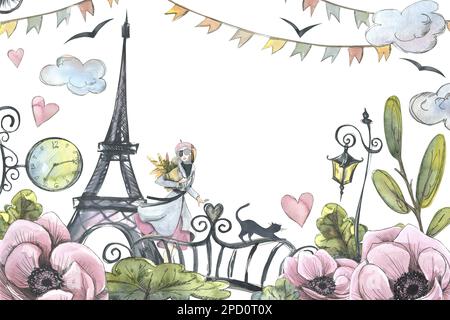 Torre Eiffel con bambina, lanterna, ponte e fiori. Illustrazione di acquerello nello stile di schizzo con elementi grafici. Modello della COLLEZIONE PARIS Foto Stock