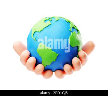 Sustain Earth Concept: Mani stilizzate di plastilina umana che tengono la Terra Foto Stock