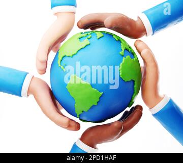 Sustain Earth Concept: Mani stilizzate di plastilina umana che tengono la Terra Foto Stock