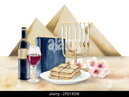 Biglietto d'auguri pasquale vacanza ebraica con simboli pesach acquerello e piramidi d'Egitto, Haggadah, matzah, menorah, vino, fiori di mandorla Foto Stock