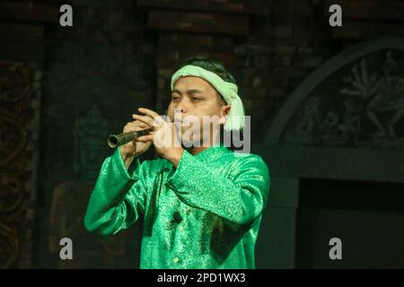 Canzoni e danze popolari tradizionali vietnamite con costumi tradizionali e strumenti musicali fotografati a Hoi An, Vietnam Foto Stock