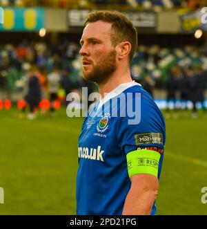 Jamie Mulcrew, giocatore del Linfield FC. BetMcLean Cup Final 2023, Linfield Vs Coleraine. Stadio nazionale al Windsor Park, Belfast. Foto Stock