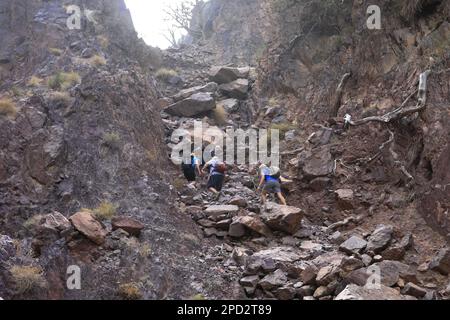 Camminatori nella zona di Naqad Gulley, Jabal Fied, al-Sharat della Giordania, Medio Oriente Foto Stock