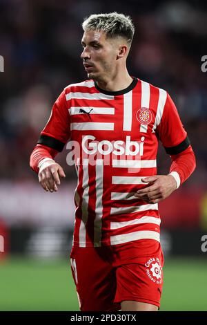 Valery Fernandez del Girona FC durante la partita la Liga Santander tra Girona FC e Atletico de Madrid all'Estadio Municipal Montilivi di Girona, Spagna. (Credit: David Ramirez) Foto Stock