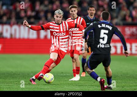 Valery Fernandez del Girona FC in azione durante la partita la Liga Santander tra Girona FC e Atletico de Madrid all'Estadio Municipal Montilivi di Girona, Spagna. (Credit: David Ramirez) Foto Stock