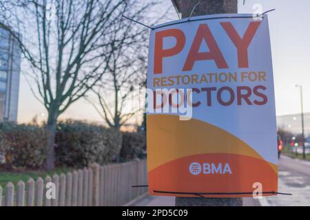 Southend on Sea, Regno Unito. 14th Mar, 2023. I cartelli dei medici nazionali stipano fuori dal Southend University Hospital. Penelope Barritt/Alamy Live News Foto Stock