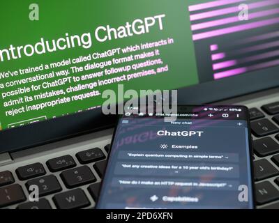 Galati, Romania - 14 marzo 2023: Pagina web di ChatGPT, un prototipo di chatbot ai sviluppato da OpenAI, su uno schermo per smartphone. Esempi di interazioni wit Foto Stock