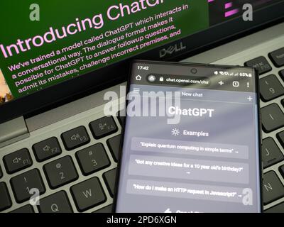 Galati, Romania - 14 marzo 2023: Pagina web di ChatGPT, un prototipo di chatbot ai sviluppato da OpenAI, su uno schermo per smartphone. Esempi di interazioni wit Foto Stock