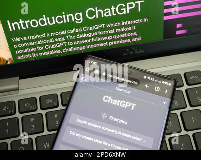 Galati, Romania - 14 marzo 2023: Pagina web di ChatGPT, un prototipo di chatbot ai sviluppato da OpenAI, su uno schermo per smartphone. Esempi di interazioni wit Foto Stock