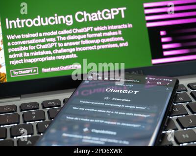 Galati, Romania - 14 marzo 2023: Pagina web di ChatGPT, un prototipo di chatbot ai sviluppato da OpenAI, su uno schermo per smartphone. Esempi di interazioni wit Foto Stock