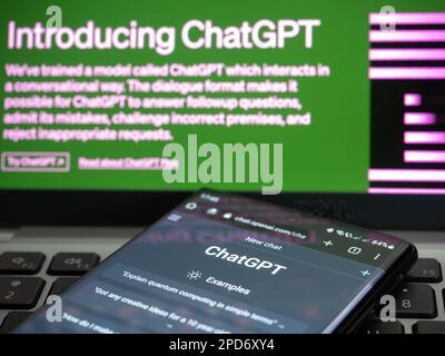 Galati, Romania - 14 marzo 2023: Pagina web di ChatGPT, un prototipo di chatbot ai sviluppato da OpenAI, su uno schermo per smartphone. Esempi di interazioni wit Foto Stock