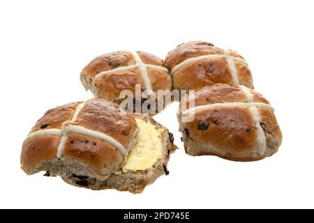 Panini croccanti caldi appena sfornati con burro - fondo bianco Foto Stock