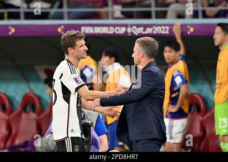 Doha, Katar. 12th Mar, 2023. Il coach nazionale Hans Dieter Hansi FLICK (GER) sarà senza Thomas Mueller nei prossimi due giochi internazionali. FOTO D'ARCHIVIO; sostituzione Thomas MUELLER l. (MÃ ller) (GER) coach Hans-Dieter 'Hansi' FLICK (GER) High Five. Germania (GER) - Giappone (JPN) Gruppo fase e su 23.11.2022, Khalifa International Stadium. Coppa del mondo di Calcio 2022 in Qatar dal 20,11. - 18.12.2022 crediti: dpa/Alamy Live News Foto Stock