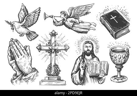 Sacra Bibbia, mani piegate in preghiera, disegno angelo. Set di simboli religiosi. Collezione di illustrazioni vintage Foto Stock